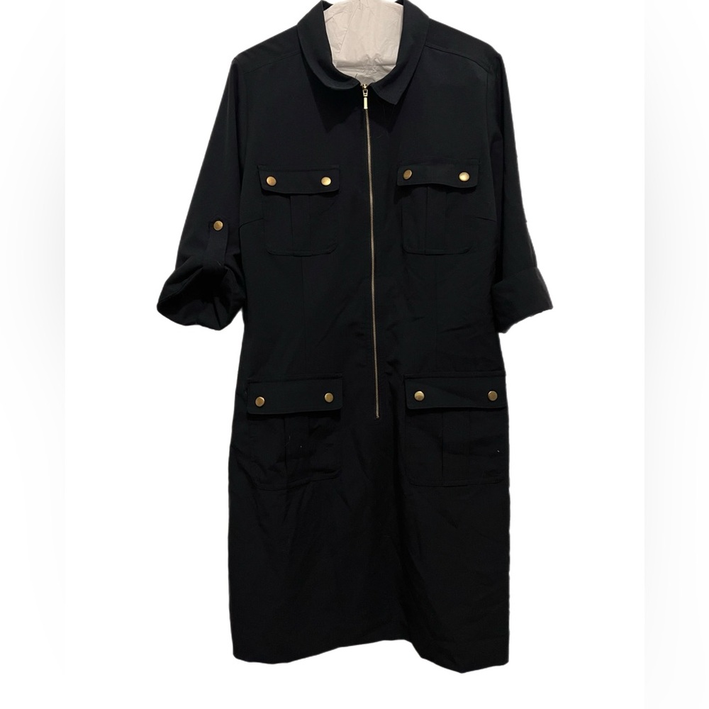 Sharagano Black and Gold Dress with Utility Style